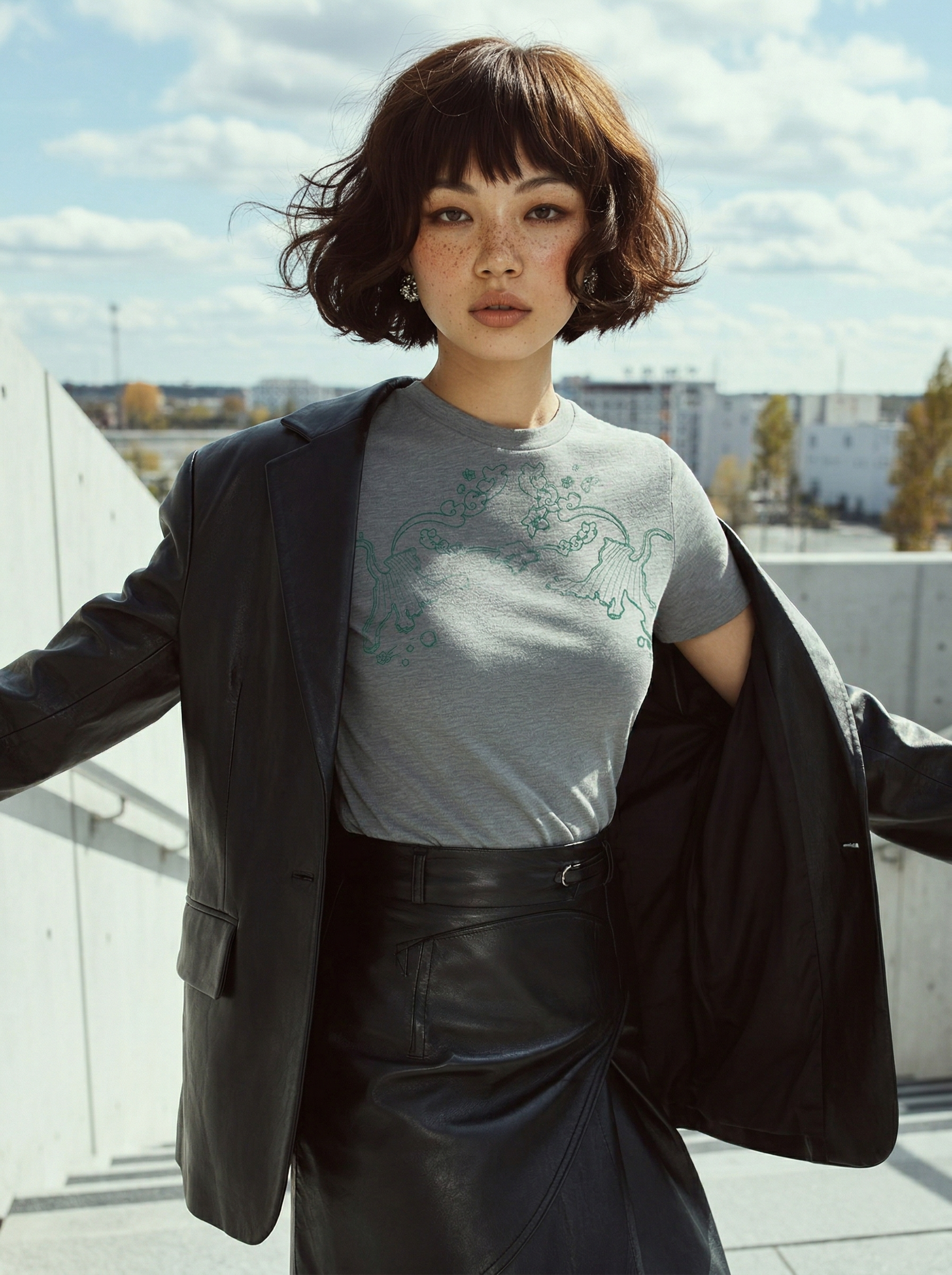 Model trägt graues T-Shirt mit Motiv in urbaner Outdoor-Szene mit schwarzem Blazer