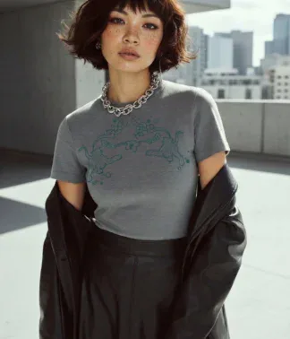 Model trägt graues T-Shirt mit Motiv und schwarzen Blazer in urbaner Outdoor-Szene