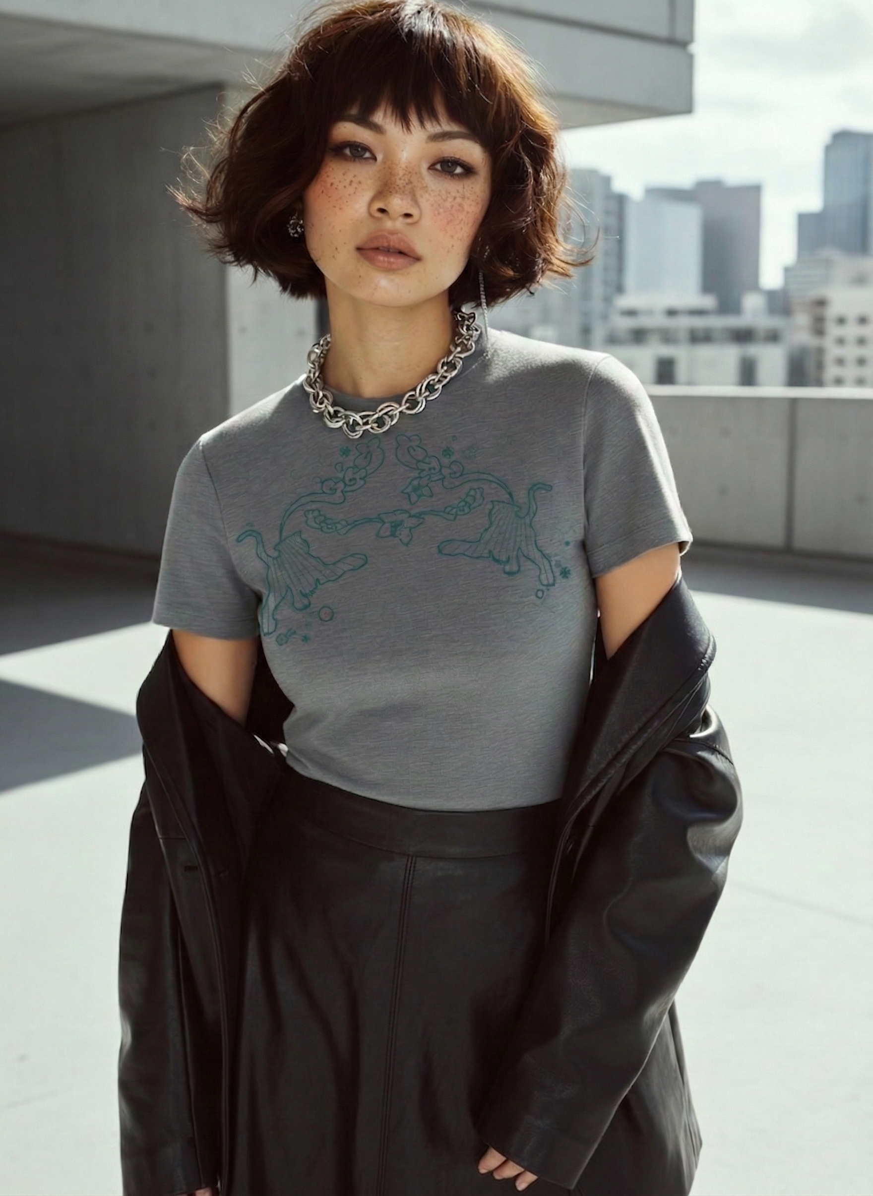 Model trägt graues T-Shirt mit Motiv und schwarzen Blazer in urbaner Outdoor-Szene