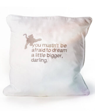 Weißes Kissen 38 x 38 cm mit gesticktem englischem Spruch auf hellem Hintergrund