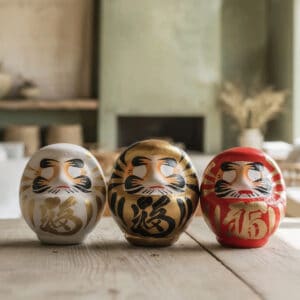 Drei Daruma in Rot, Gold, Weiß; stehen für Mut & Neustart, Erfolg & Fülle, Klarheit & Fokus