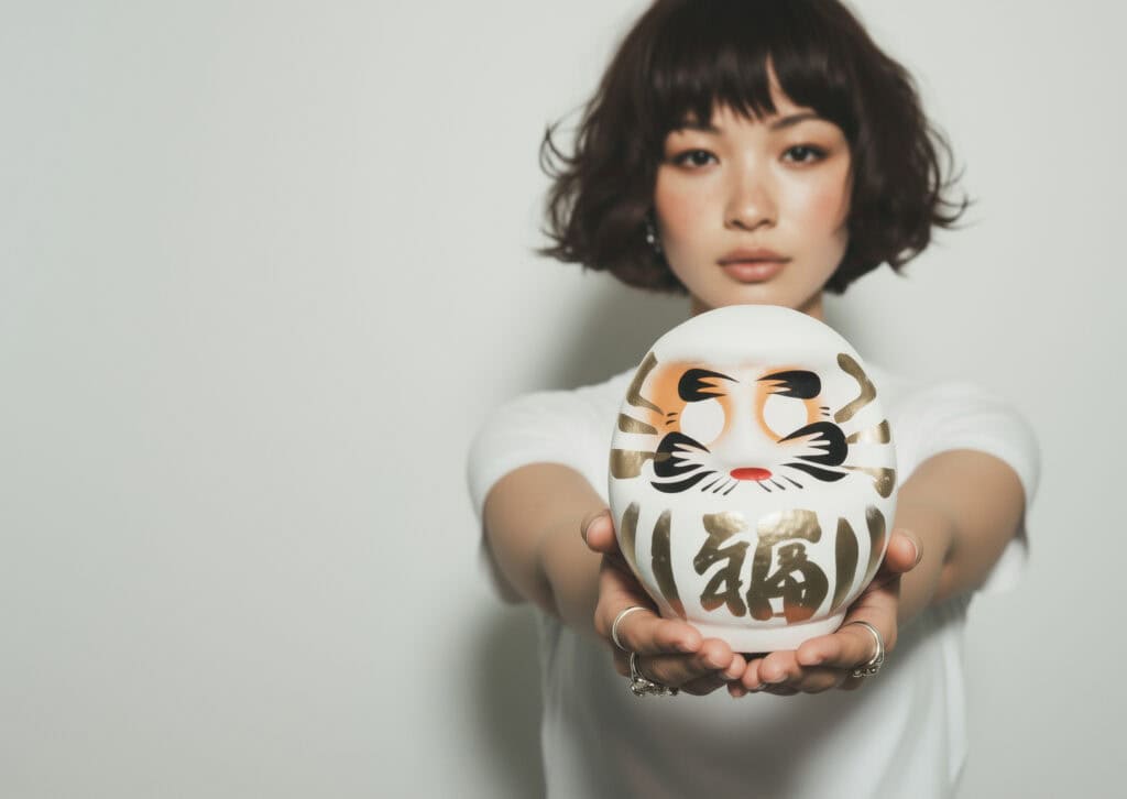 Frau hält einen weiß-goldenen Daruma mit ausgestreckten Händen vor sich