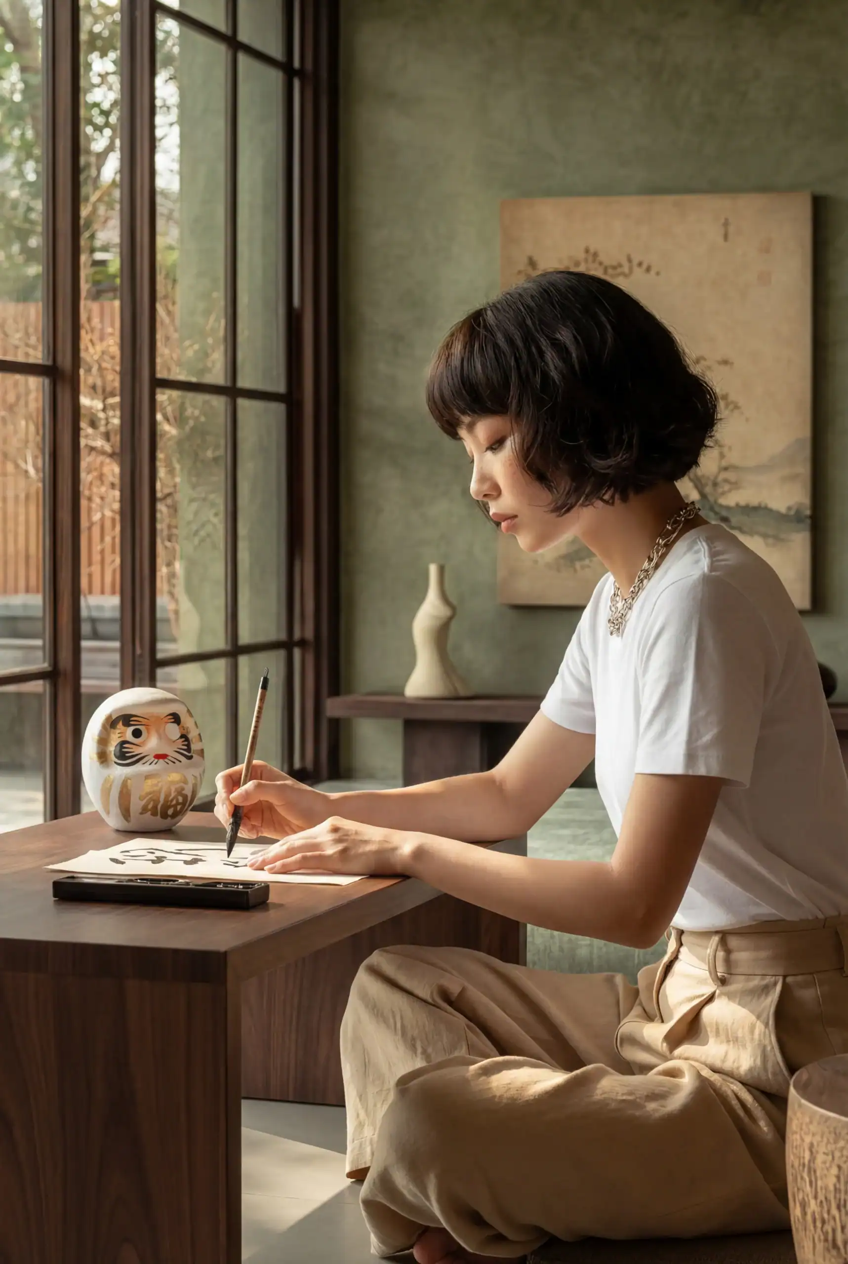 Frau schreibt an einem Tisch neben einem weiß-goldenen Daruma
