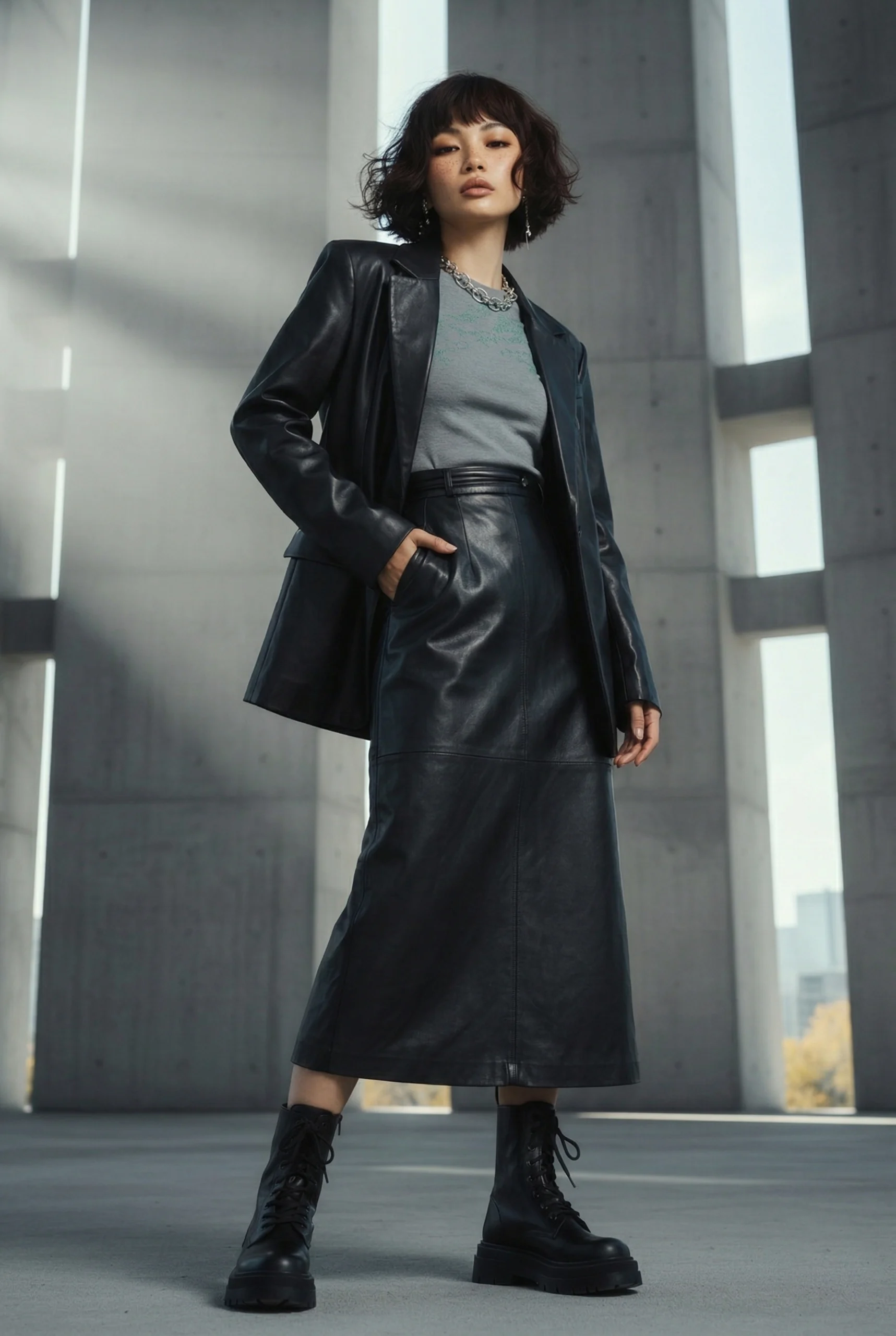 Model trägt graues Damen-T-Shirt mit Motiv, schwarzen Blazer und langen Lederrock in urbaner Umgebung
