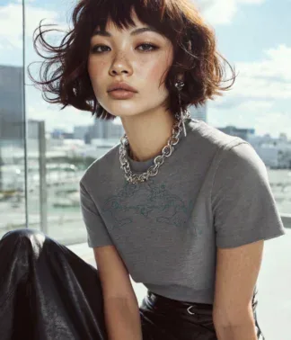 Model trägt graues T-Shirt mit Motiv vor heller Fensterfront und urbanem Ausblick
