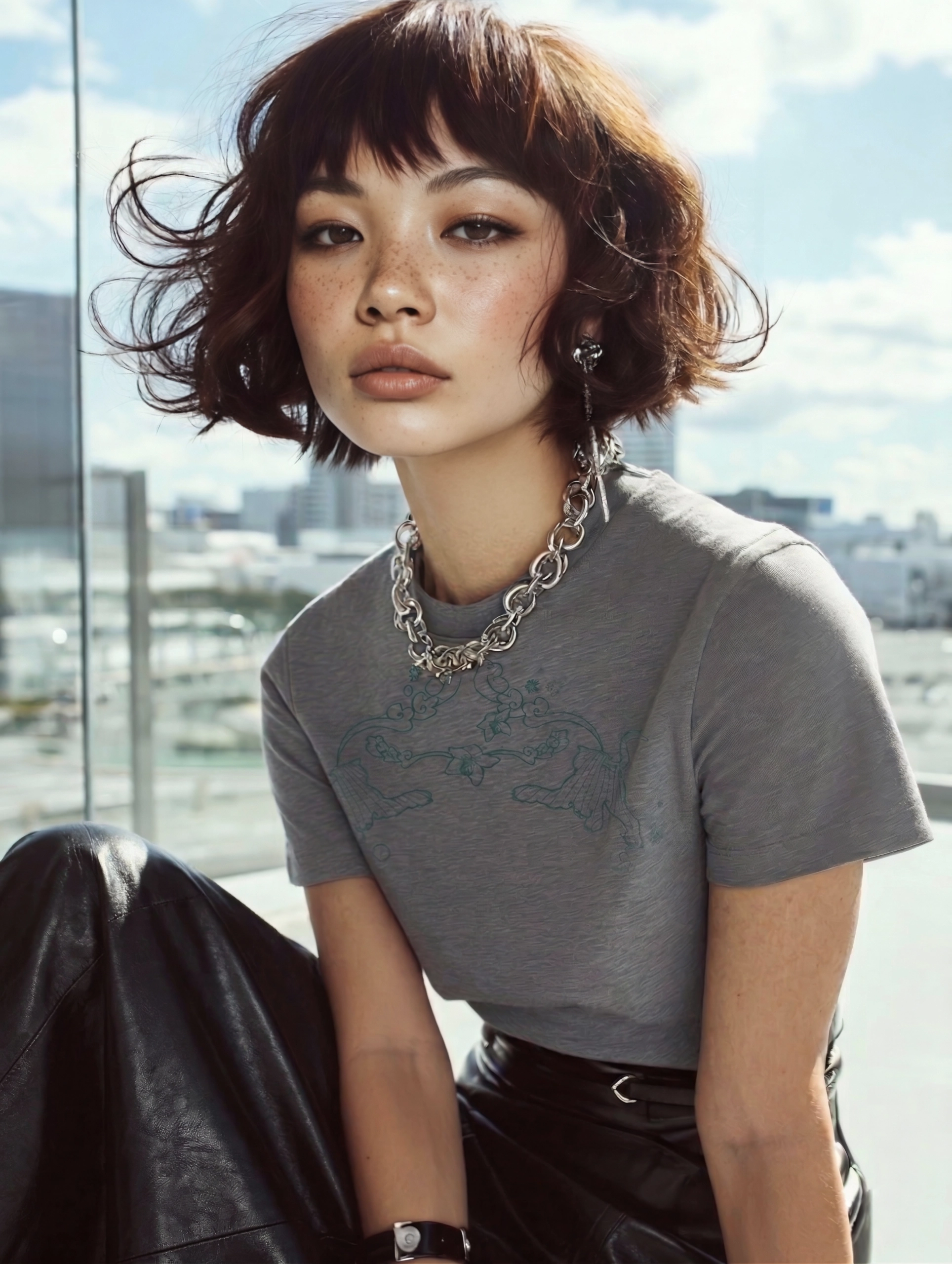 Model trägt graues T-Shirt mit Motiv vor heller Fensterfront und urbanem Ausblick