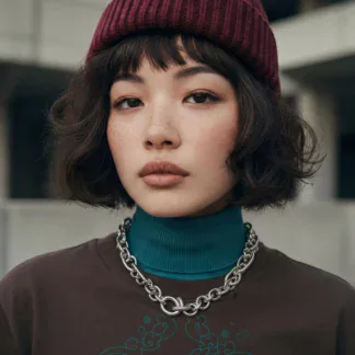 Close-up Portrait eines Models im braunen Tiger-T-Shirt mit türkisfarbenem Rollkragen und Kette