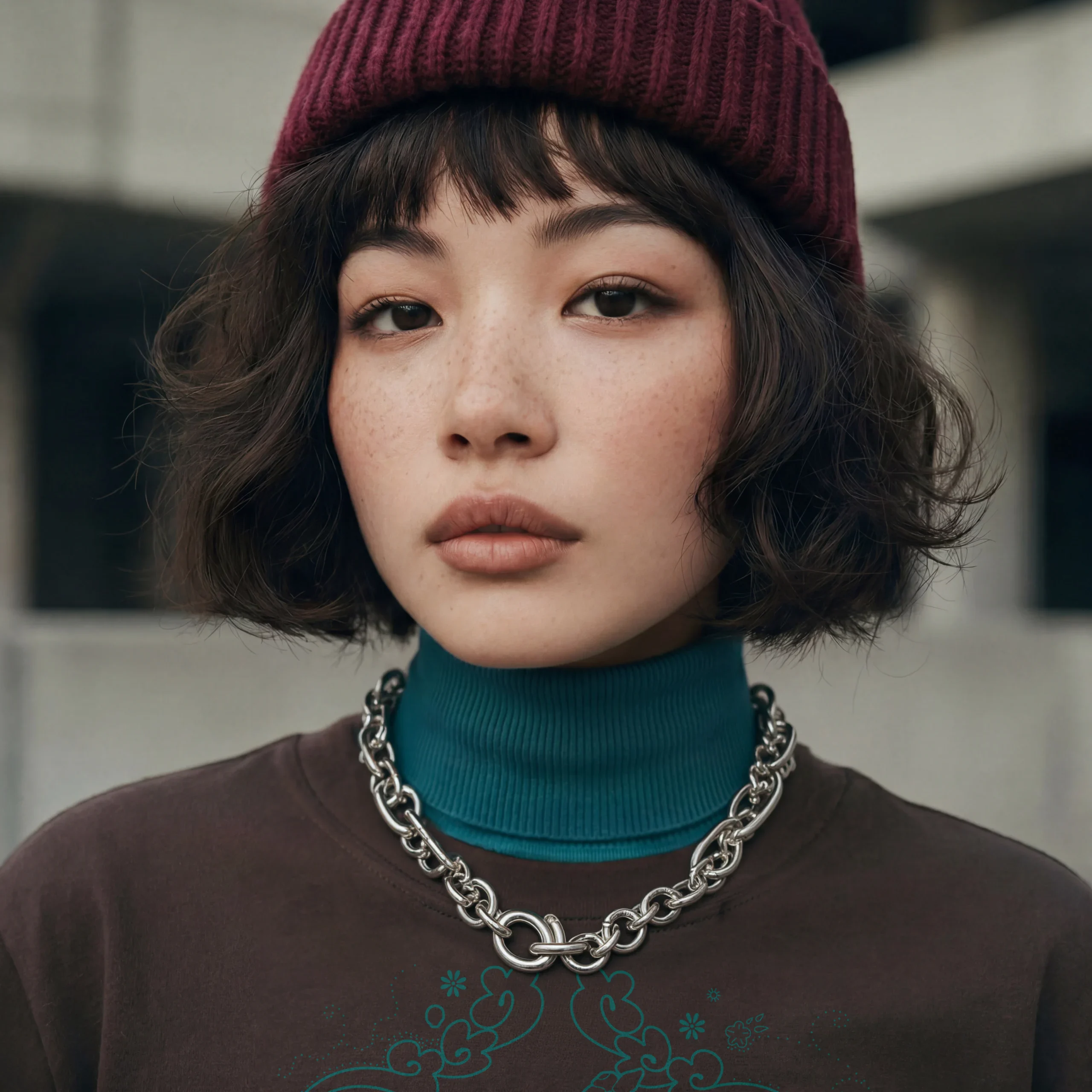 Close-up Portrait eines Models im braunen Tiger-T-Shirt mit türkisfarbenem Rollkragen und Kette