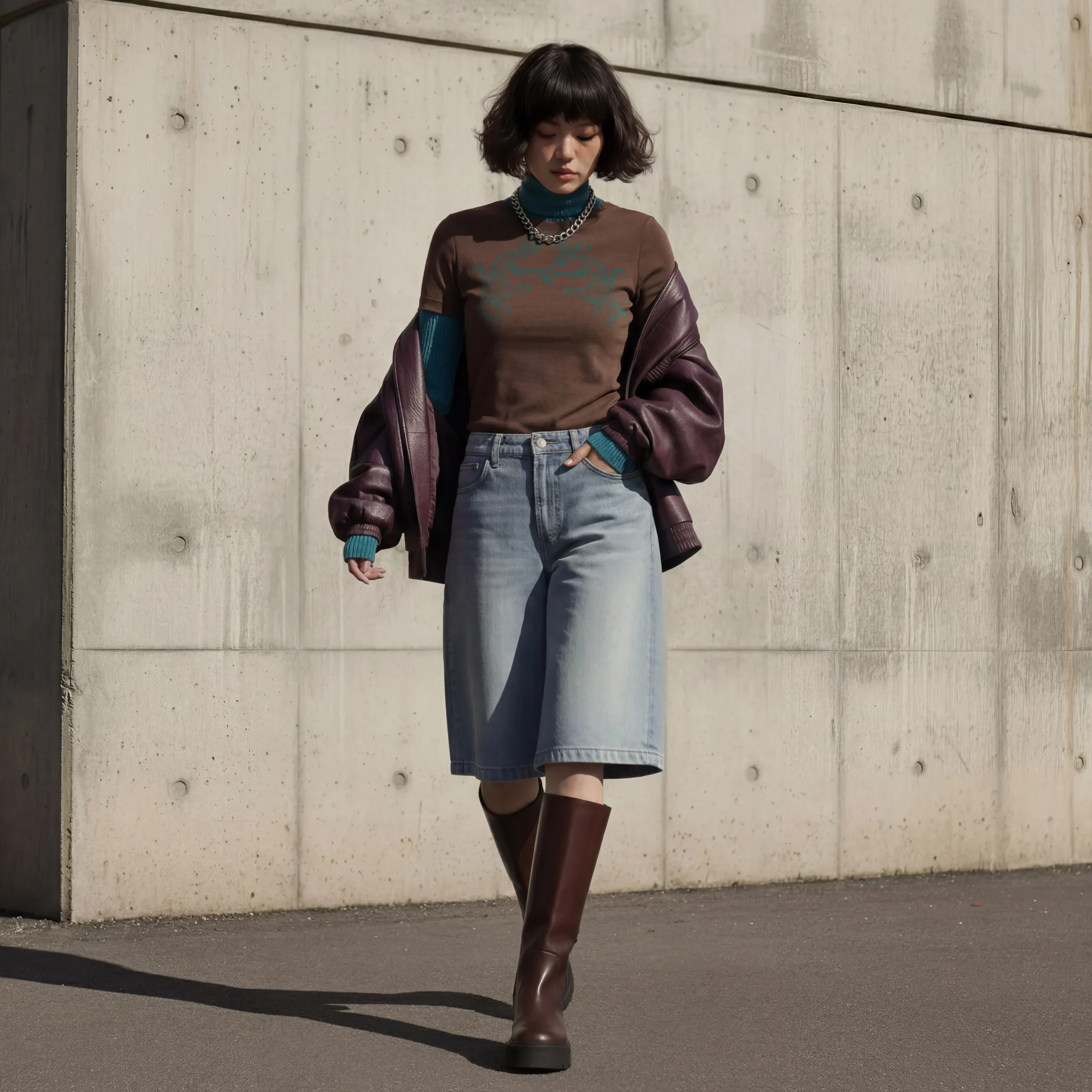 Model trägt braunes T-Shirt mit Tiger-Motiv beim Gehen vor urbaner Betonwand