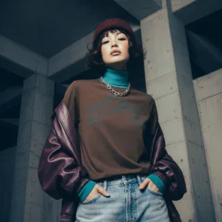 Model trägt braunes T-Shirt mit Tiger-Motiv vor urbaner Betonarchitektur