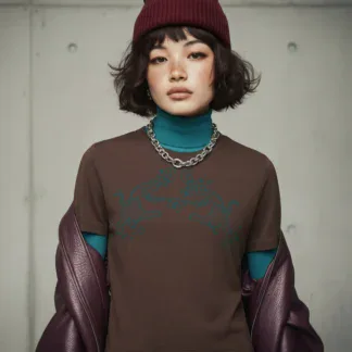 Model trägt braunes T-Shirt mit Tiger-Motiv vor heller Betonwand in urbaner Umgebung
