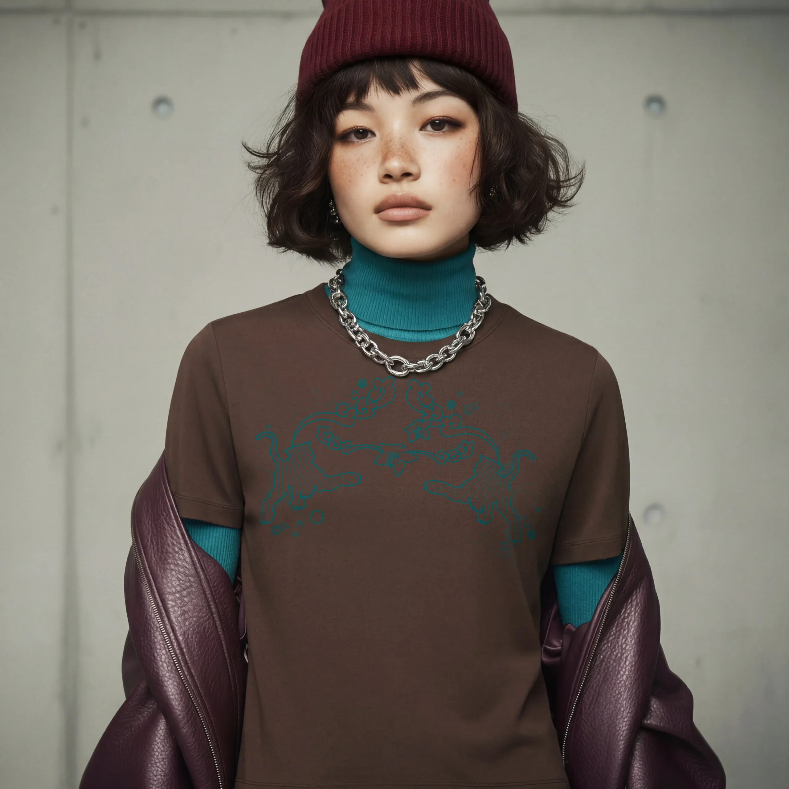 Model trägt braunes T-Shirt mit Tiger-Motiv vor heller Betonwand in urbaner Umgebung