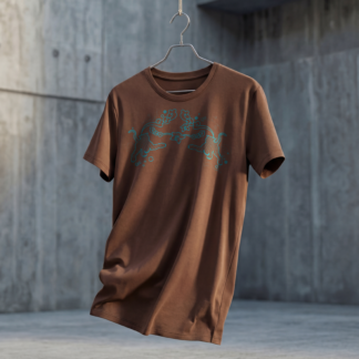 Braunes Damen-T-Shirt mit türkisem Tiger-Print auf der Brust, hängend vor Betonwand