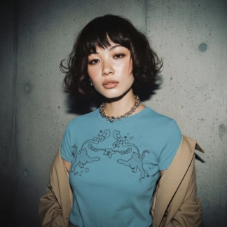 Model trägt hellblaues T-Shirt mit Tiger-Motiv vor dunkler Betonwand