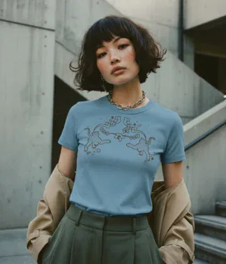 Model trägt hellblaues T-Shirt mit Tiger-Motiv vor urbaner Betonkulisse