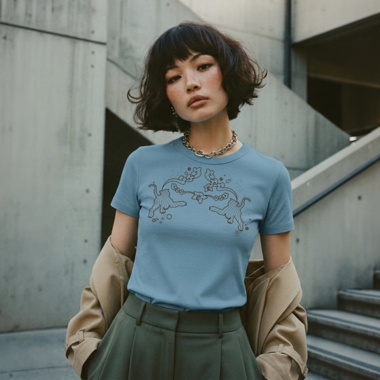 Model trägt hellblaues T-Shirt mit Tiger-Motiv vor urbaner Betonkulisse