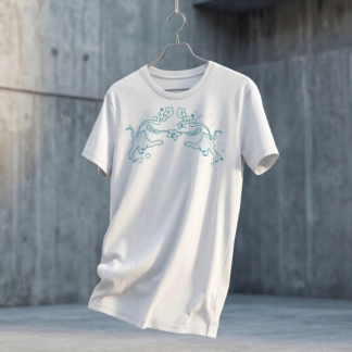 Weißes Damen-T-Shirt mit türkisem Tiger-Print auf der Brust, hängend vor Betonwand