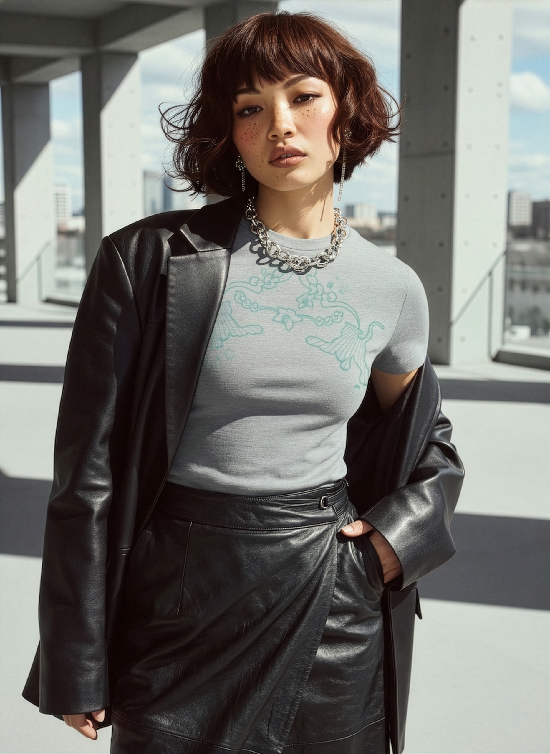 Model trägt graues Damen-T-Shirt mit Motiv in urbanem Leder-Look