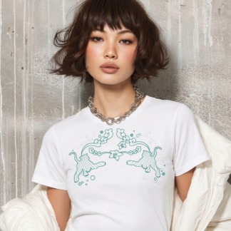 Model trägt weißes T-Shirt mit Tiger-Motiv vor heller Betonwand in urbaner Umgebung