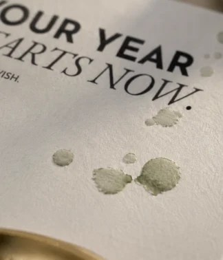 Detail der Grußkarte „YOUR YEAR STARTS NOW“ mit Aquarellflecken und glänzendem Acryllack auf cremefarbenem Naturpapier