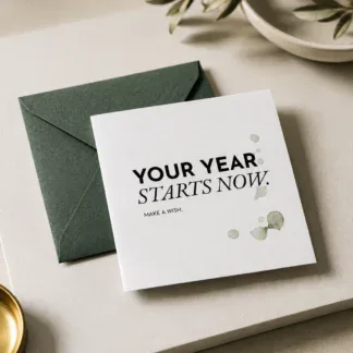 Grußkarte „YOUR YEAR STARTS NOW“ mit salbeifarbenem Umschlag auf hellem Untergrund